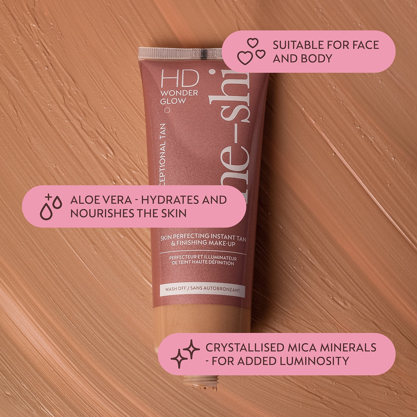 Image of HD Wonder Glow tube lying on its cream texture and text highlighting the key product features